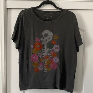 Lucky Brand Charcoal Tee with Skull and Floral Design